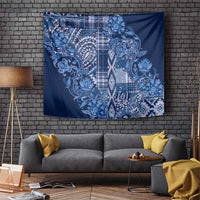 Blue floral shuka tapestry wall hanging with ornate paisley, floral accents, and stripes