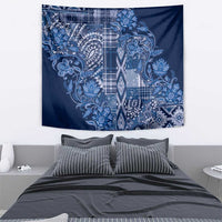 Blue floral shuka tapestry wall hanging with detailed paisley motifs and plaid panels