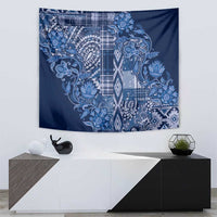 Blue floral shuka tapestry wall hanging with layered paisley patterns and stripe details
