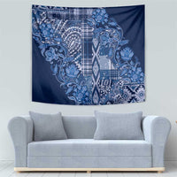 Blue floral shuka tapestry wall hanging with symmetrical paisley, floral, and geometric blocks