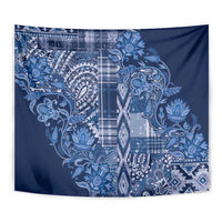 Blue floral shuka tapestry close-up with paisley, leaves, and plaid patchwork center