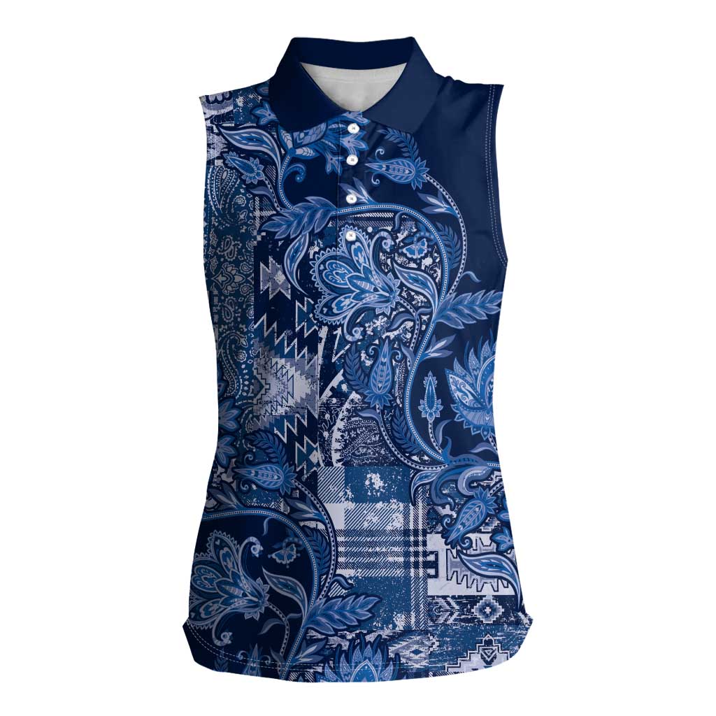 Africa Floral mix Maasai Shuka Women Sleeveless Polo Shirt Blue Moitf - Wonder Print Shop