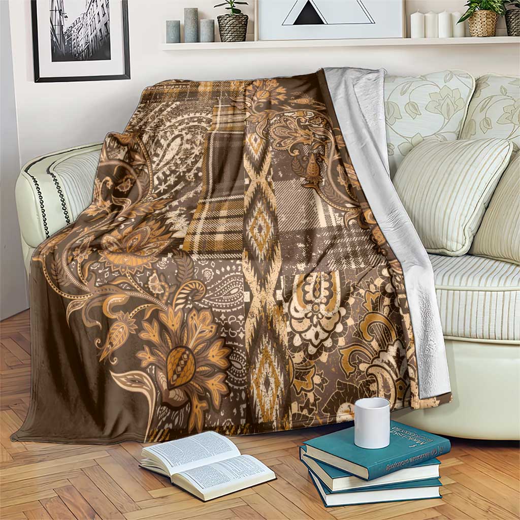 Gold and brown floral paisley Maasai shuka blanket with plaid patch design