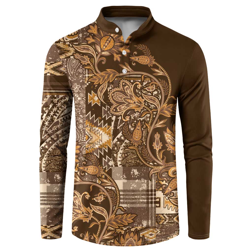 Men's button-front sweatshirt in dark brown with gold paisley and patchwork print