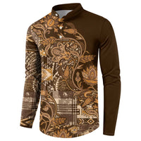 Men's button-front sweatshirt, dark brown with gold paisley and plaid patchwork print