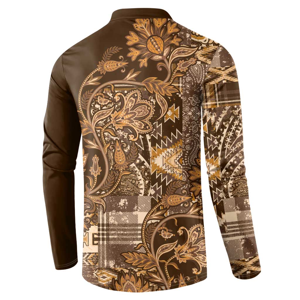 Men's button-front sweatshirt back, dark brown with gold paisley and plaid patchwork