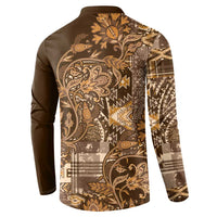 Men's button-front sweatshirt back, dark brown with gold paisley and plaid patchwork