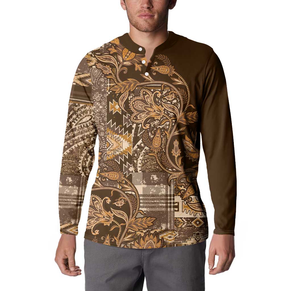 Men's button-front sweatshirt, dark brown and gold patterned long-sleeve top