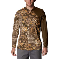 Men's button-front sweatshirt, dark brown and gold patterned long-sleeve top