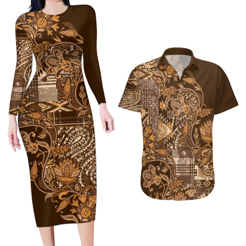 Africa Floral mix Maasai Shuka Couples Matching Long Sleeve Bodycon Dress and Hawaiian Shirt Gold Moitf LT9 - Wonder Print Shop