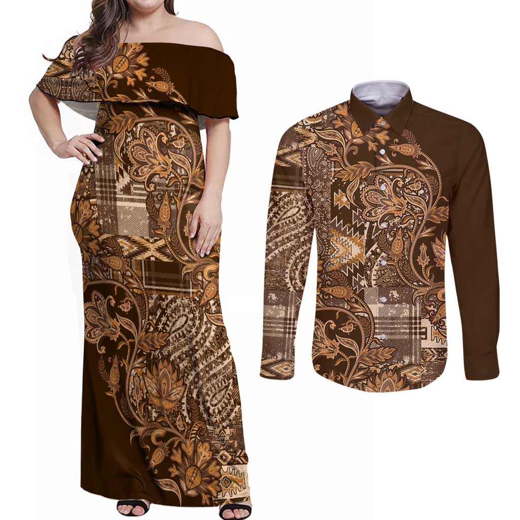 Africa Floral mix Maasai Shuka Couples Matching Off Shoulder Maxi Dress and Long Sleeve Button Shirt Gold Moitf LT9 - Wonder Print Shop