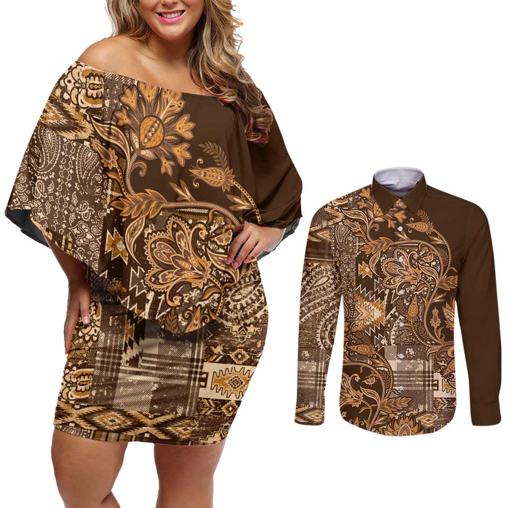 Africa Floral mix Maasai Shuka Couples Matching Off Shoulder Short Dress and Long Sleeve Button Shirt Gold Moitf LT9 - Wonder Print Shop