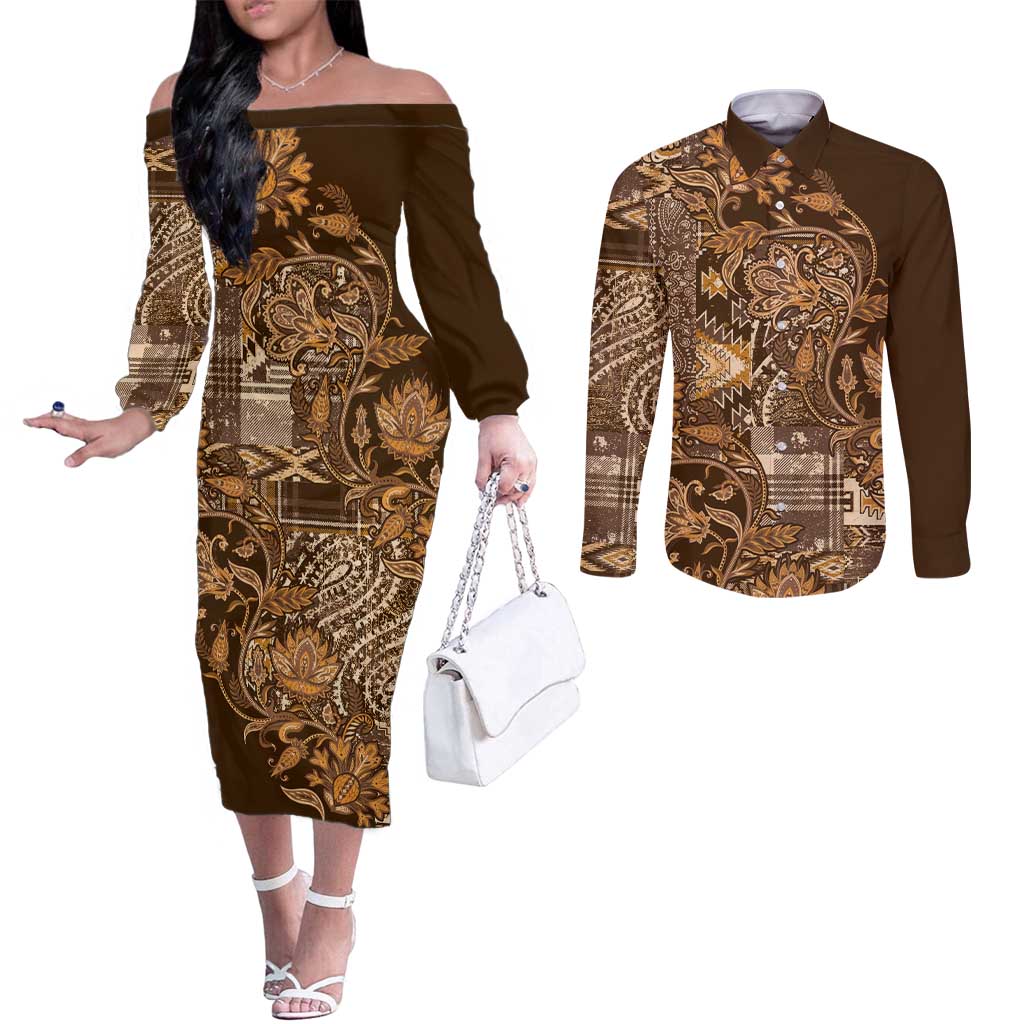 Africa Floral mix Maasai Shuka Couples Matching Off The Shoulder Long Sleeve Dress and Long Sleeve Button Shirt Gold Moitf