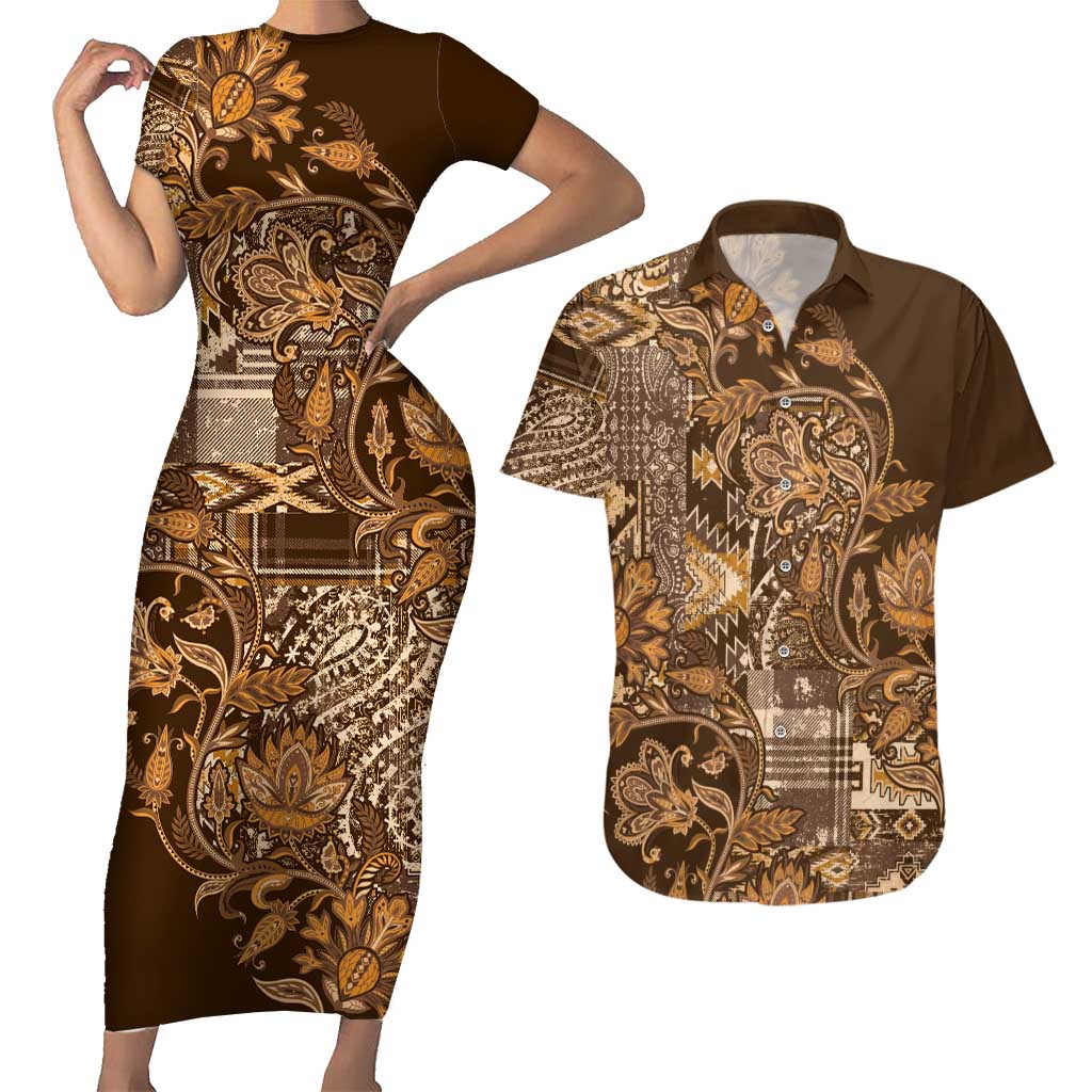 Africa Floral mix Maasai Shuka Couples Matching Short Sleeve Bodycon Dress and Hawaiian Shirt Gold Moitf LT9 - Wonder Print Shop