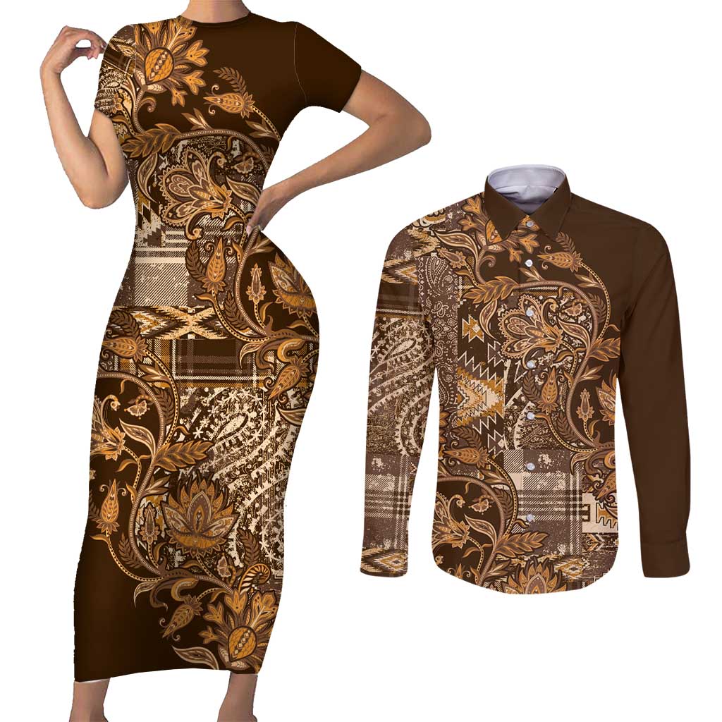 Africa Floral mix Maasai Shuka Couples Matching Short Sleeve Bodycon Dress and Long Sleeve Button Shirt Gold Moitf LT9 - Wonder Print Shop