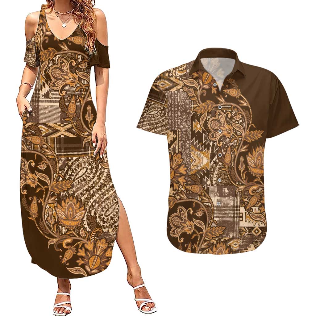 Africa Floral mix Maasai Shuka Couples Matching Summer Maxi Dress and Hawaiian Shirt Gold Moitf LT9 - Wonder Print Shop