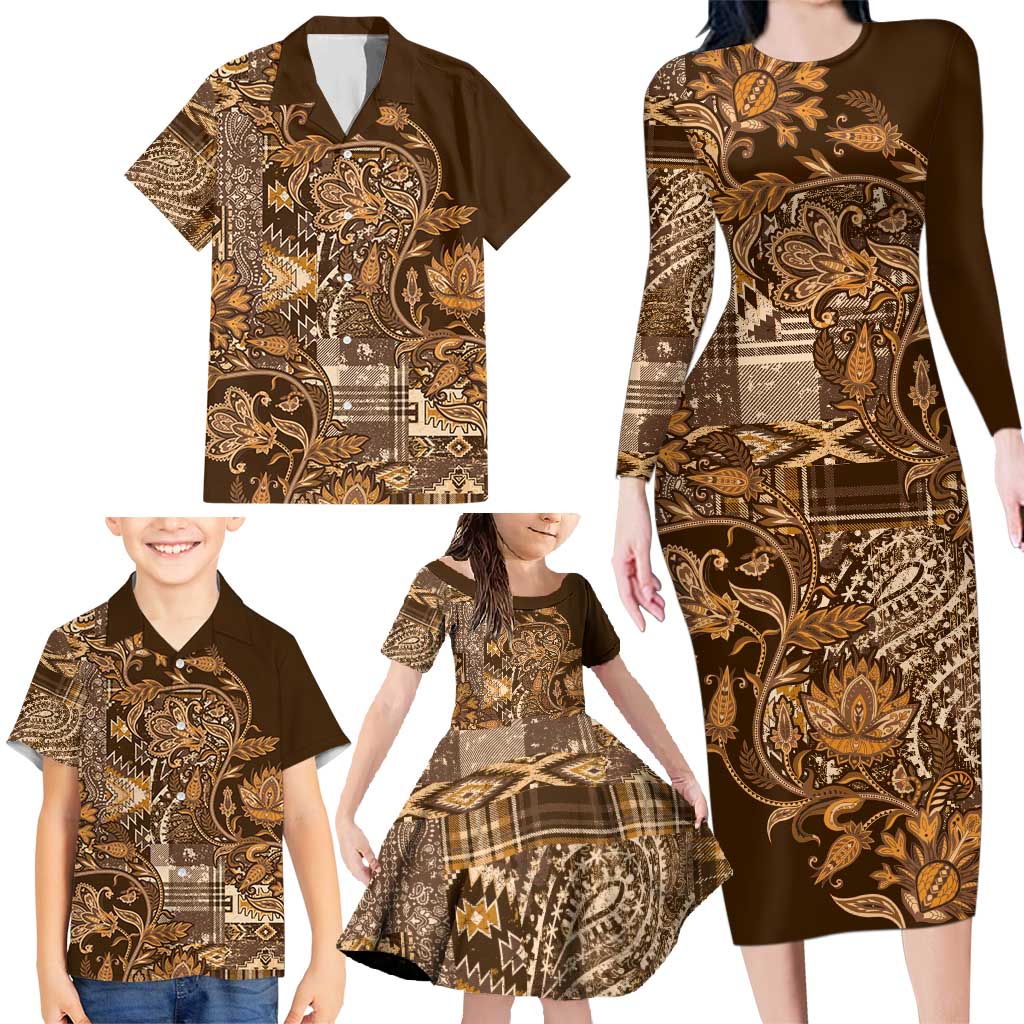 Africa Floral mix Maasai Shuka Family Matching Long Sleeve Bodycon Dress and Hawaiian Shirt Gold Moitf LT9 - Wonder Print Shop