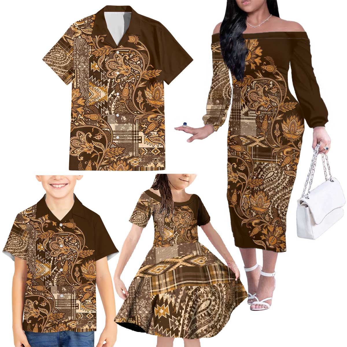 Africa Floral mix Maasai Shuka Family Matching Off The Shoulder Long Sleeve Dress and Hawaiian Shirt Gold Moitf - Wonder Print Shop