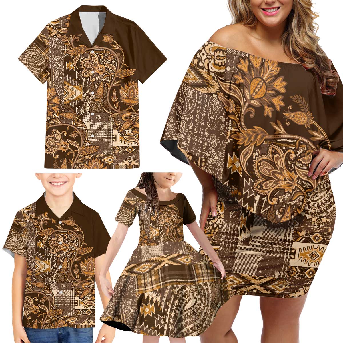 Africa Floral mix Maasai Shuka Family Matching Off Shoulder Short Dress and Hawaiian Shirt Gold Moitf LT9 - Wonder Print Shop