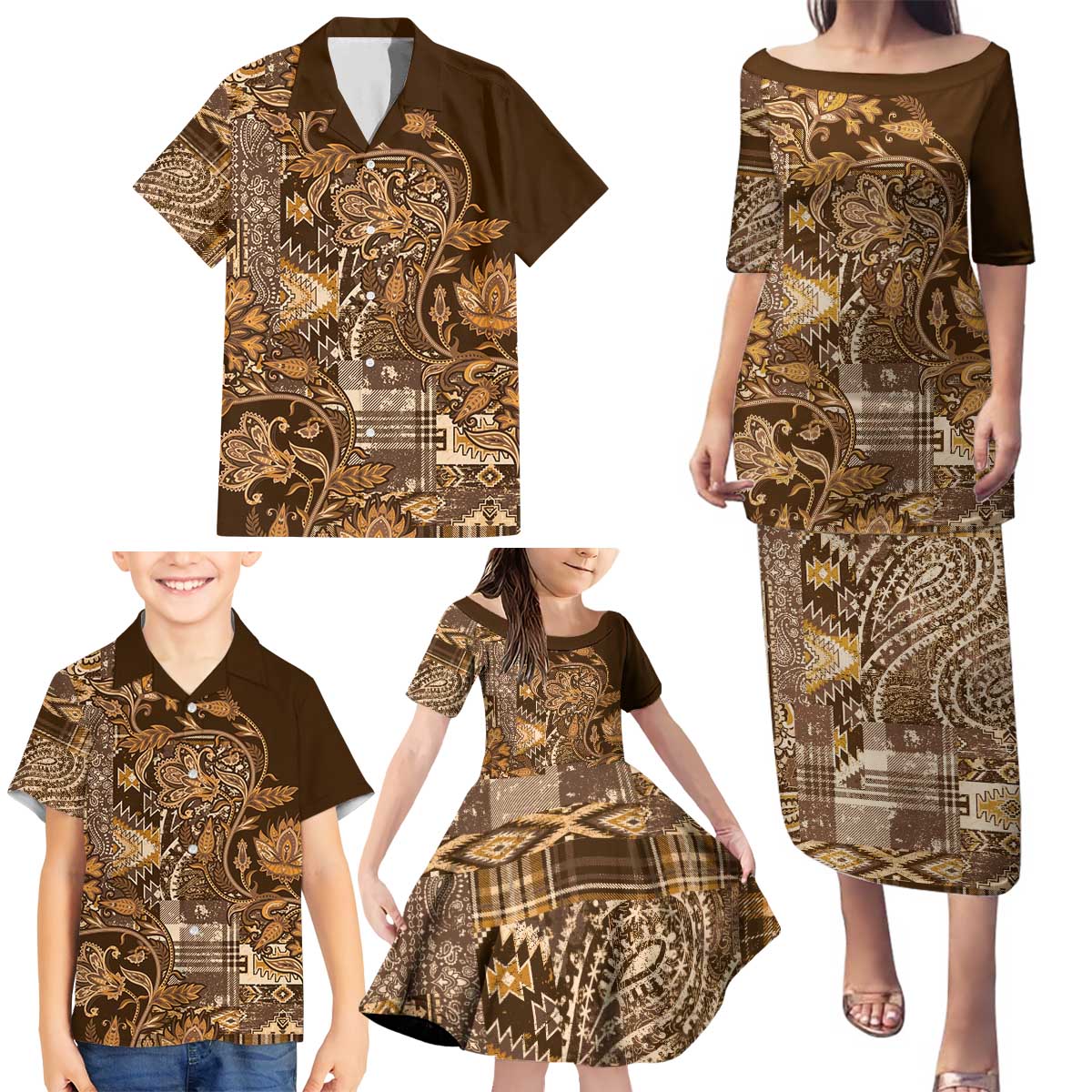 Africa Floral mix Maasai Shuka Family Matching Puletasi and Hawaiian Shirt Gold Moitf - Wonder Print Shop