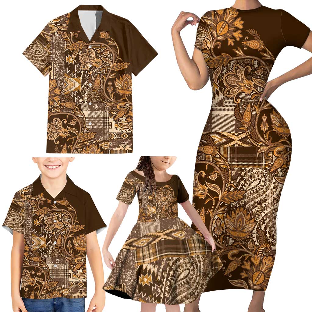 Africa Floral mix Maasai Shuka Family Matching Short Sleeve Bodycon Dress and Hawaiian Shirt Gold Moitf - Wonder Print Shop