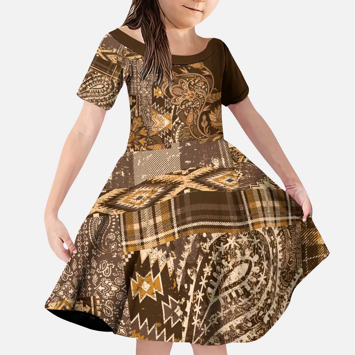 Africa Floral mix Maasai Shuka Kid Short Sleeve Dress Gold Moitf - Wonder Print Shop