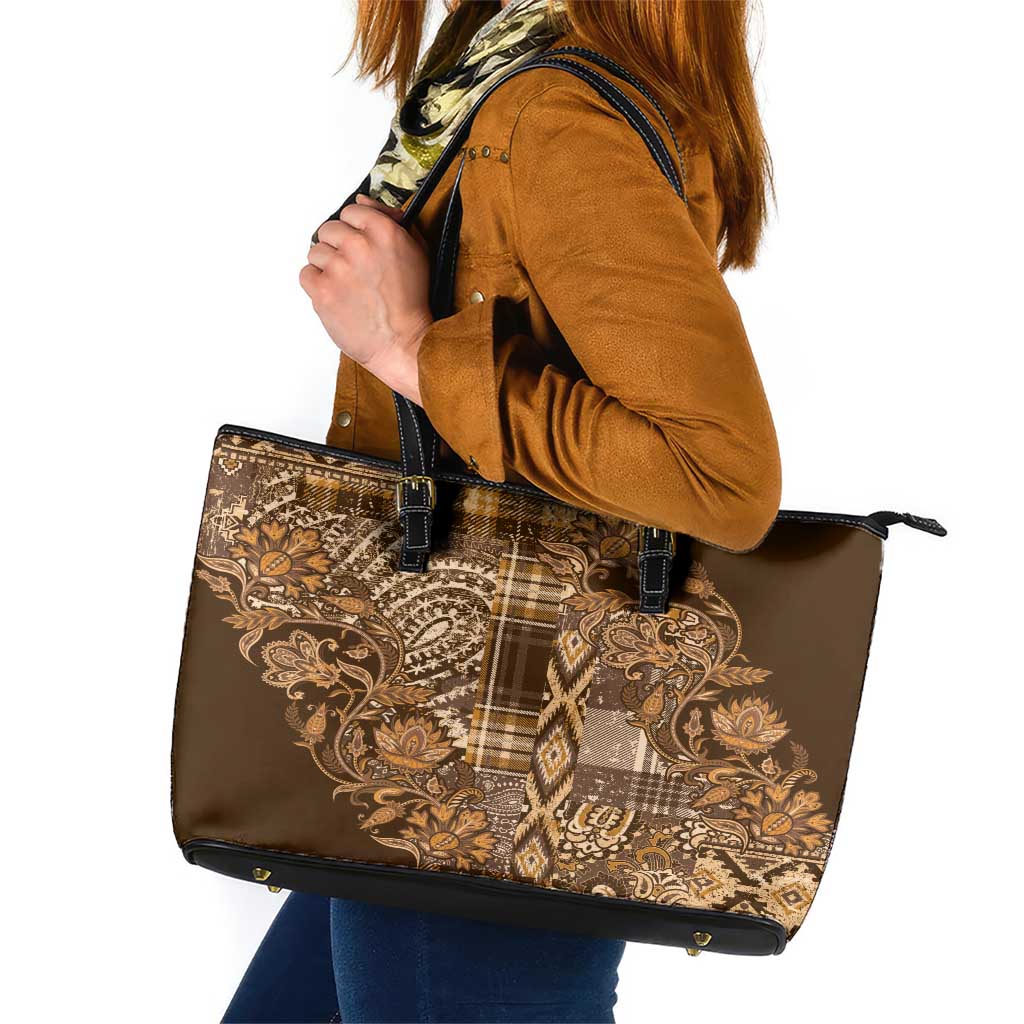 Africa Floral mix Maasai Shuka Leather Tote Bag Gold Moitf - Wonder Print Shop