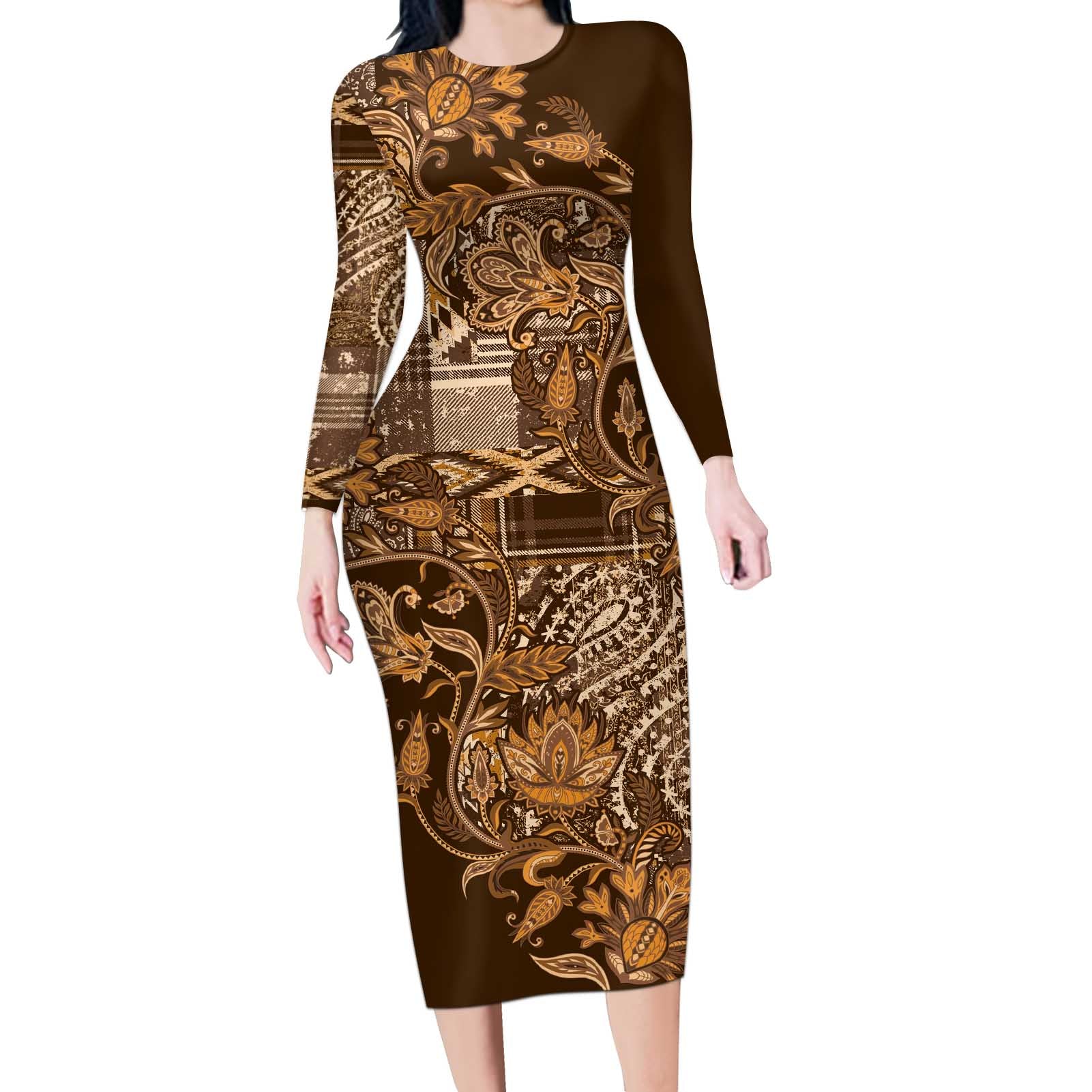 Africa Floral mix Maasai Shuka Long Sleeve Bodycon Dress Gold Moitf - Wonder Print Shop