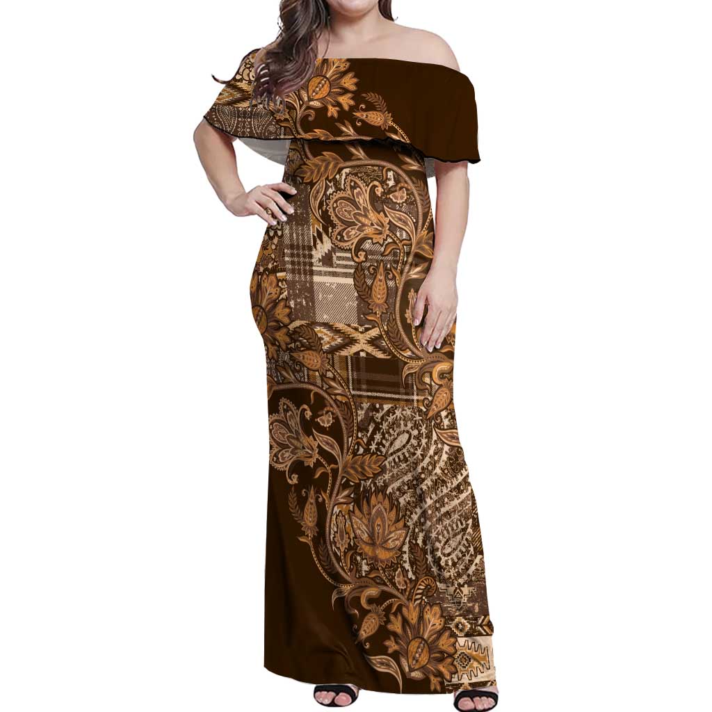 Africa Floral mix Maasai Shuka Off Shoulder Maxi Dress Gold Moitf - Wonder Print Shop