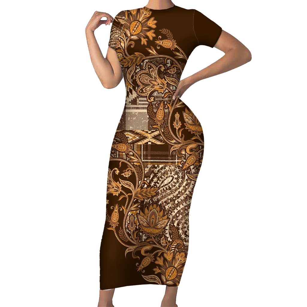 Africa Floral mix Maasai Shuka Short Sleeve Bodycon Dress Gold Moitf - Wonder Print Shop