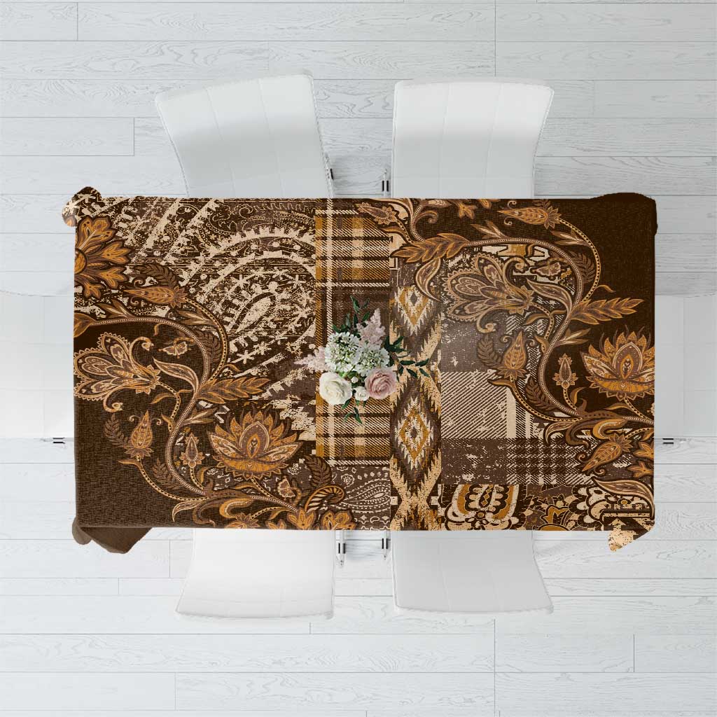 Gold and brown paisley floral shuka tablecloth with central medallion, rectangular