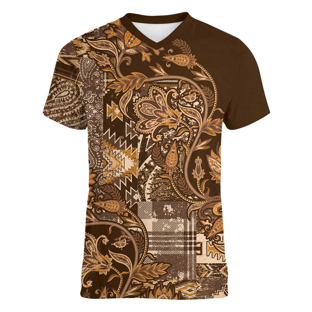 Africa Floral mix Maasai Shuka Women V-Neck T-Shirt Gold Moitf - Wonder Print Shop