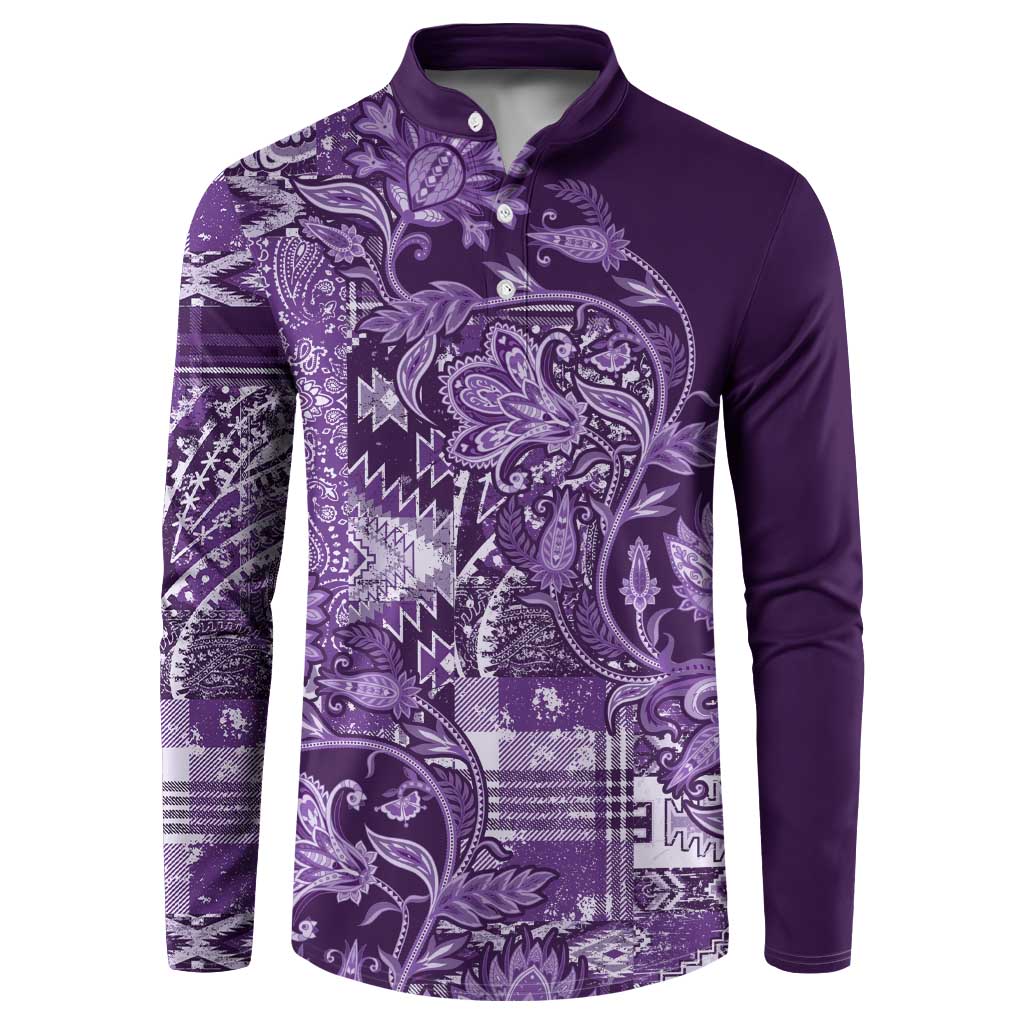 Purple paisley and patchwork print button long-sleeve polo sweatshirt