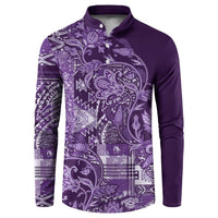 Purple paisley and patchwork print button long-sleeve polo sweatshirt