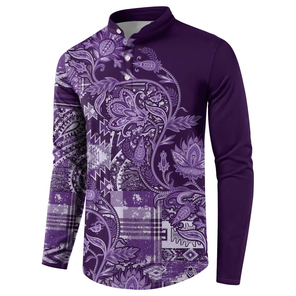 Purple paisley patchwork print button long-sleeve polo sweatshirt, side view