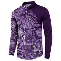 Purple paisley patchwork print button long-sleeve polo sweatshirt, side view