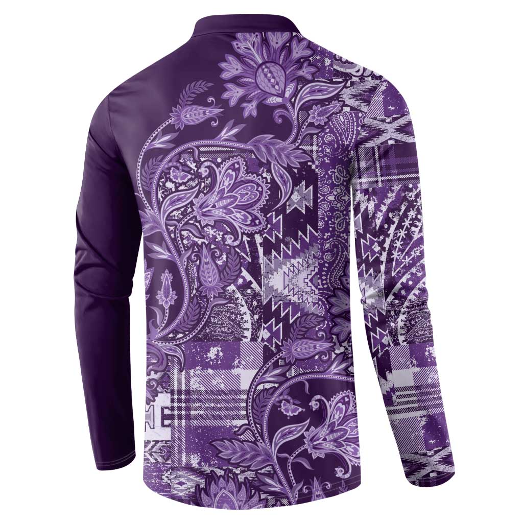 Purple paisley patchwork print button long-sleeve polo sweatshirt, back