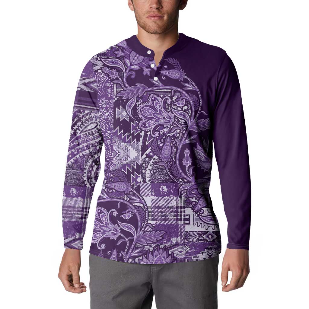 Purple paisley patchwork print button long-sleeve polo sweatshirt on model