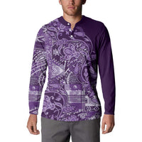 Purple paisley patchwork print button long-sleeve polo sweatshirt on model