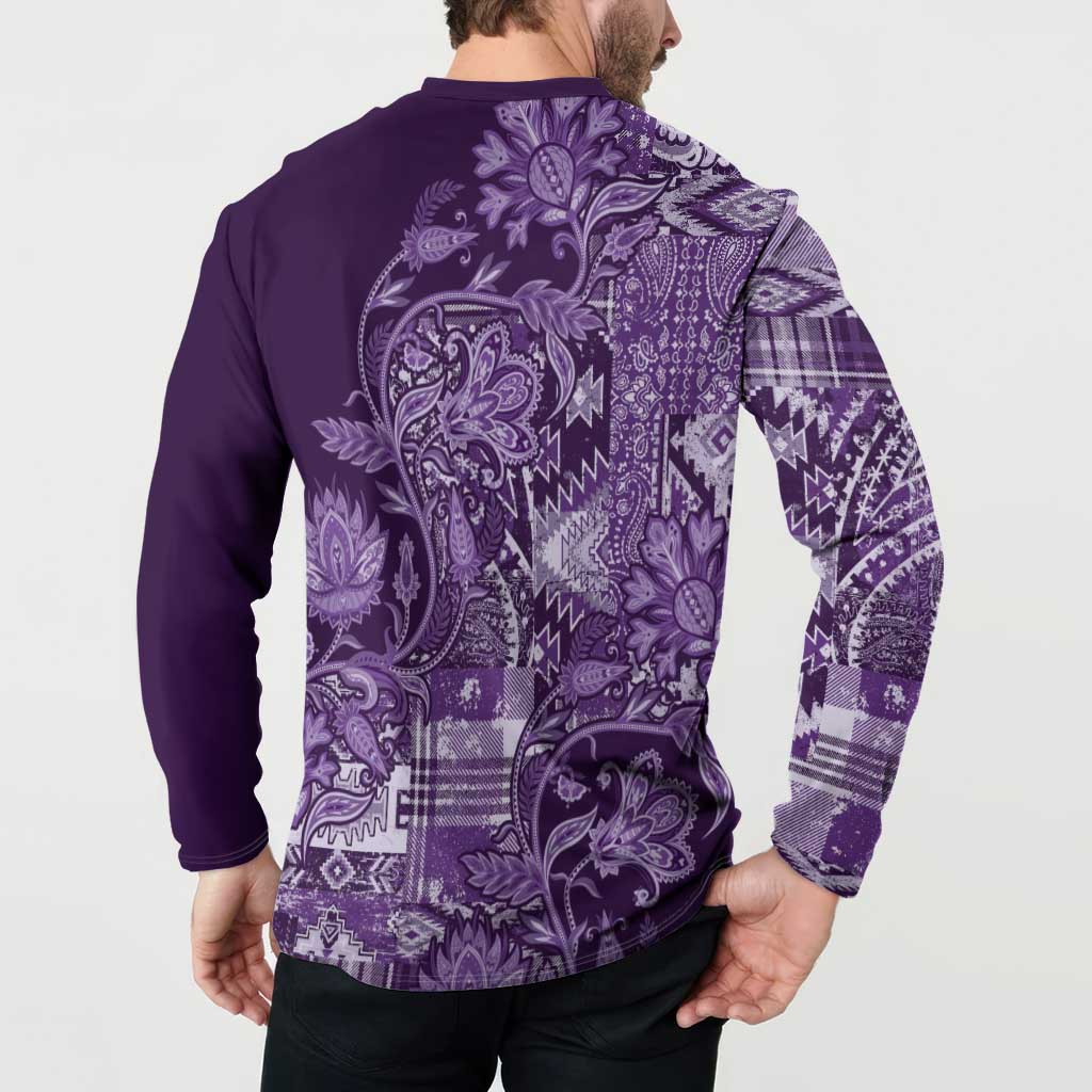 Purple paisley patchwork print button long-sleeve polo sweatshirt, back on model