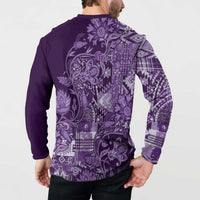 Purple paisley patchwork print button long-sleeve polo sweatshirt, back on model