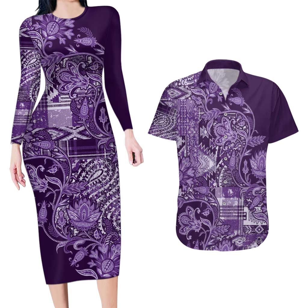 Africa Floral mix Maasai Shuka Couples Matching Long Sleeve Bodycon Dress and Hawaiian Shirt Purple Moitf LT9 - Wonder Print Shop