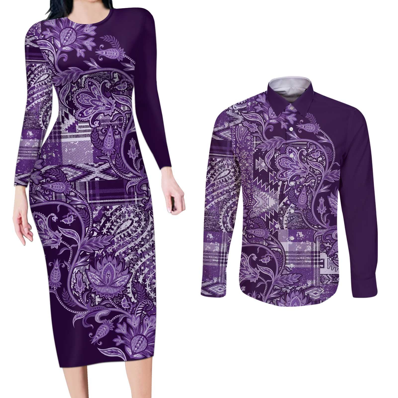 Africa Floral mix Maasai Shuka Couples Matching Long Sleeve Bodycon Dress and Long Sleeve Button Shirt Purple Moitf LT9 - Wonder Print Shop