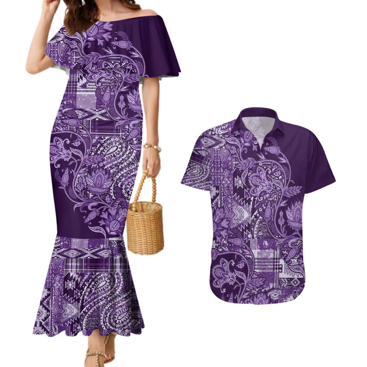 Africa Floral mix Maasai Shuka Couples Matching Mermaid Dress and Hawaiian Shirt Purple Moitf LT9 - Wonder Print Shop