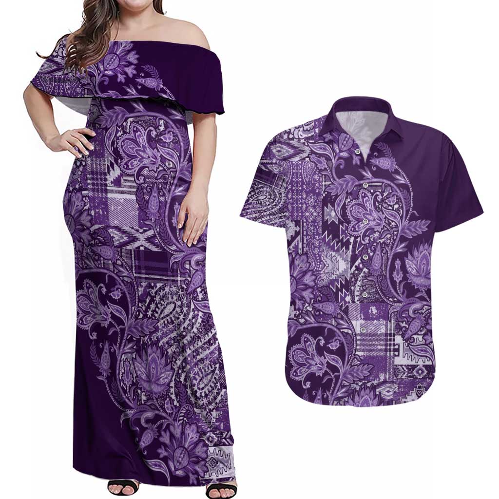 Africa Floral mix Maasai Shuka Couples Matching Off Shoulder Maxi Dress and Hawaiian Shirt Purple Moitf LT9 - Wonder Print Shop