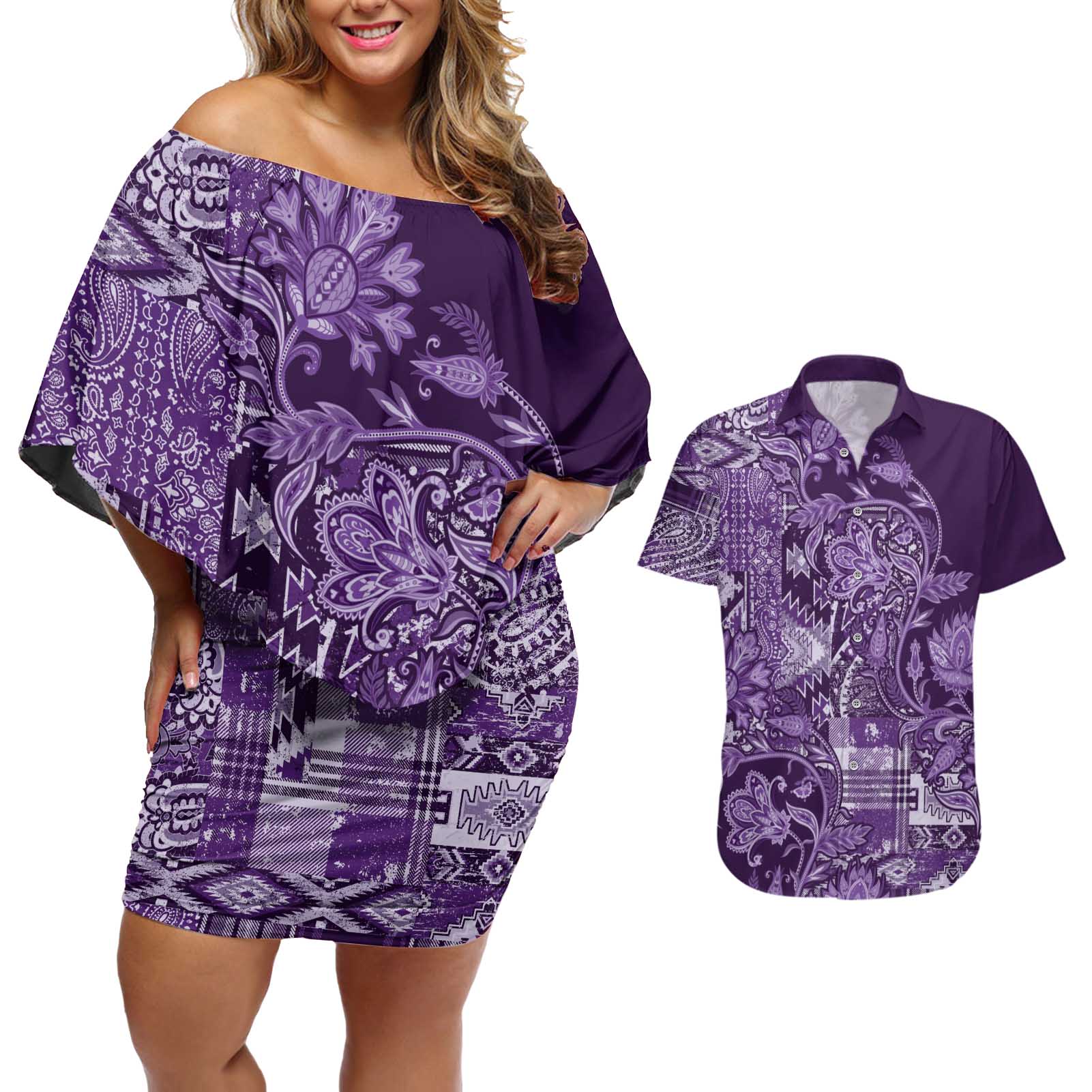 Africa Floral mix Maasai Shuka Couples Matching Off Shoulder Short Dress and Hawaiian Shirt Purple Moitf LT9 - Wonder Print Shop