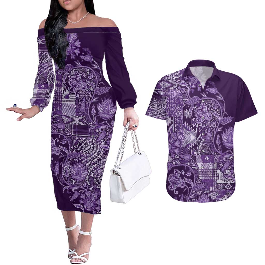 Africa Floral mix Maasai Shuka Couples Matching Off The Shoulder Long Sleeve Dress and Hawaiian Shirt Purple Moitf LT9 - Wonder Print Shop