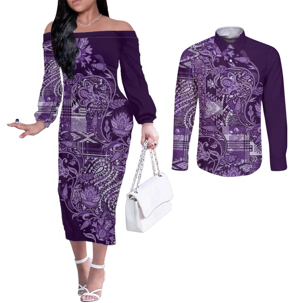 Africa Floral mix Maasai Shuka Couples Matching Off The Shoulder Long Sleeve Dress and Long Sleeve Button Shirt Purple Moitf