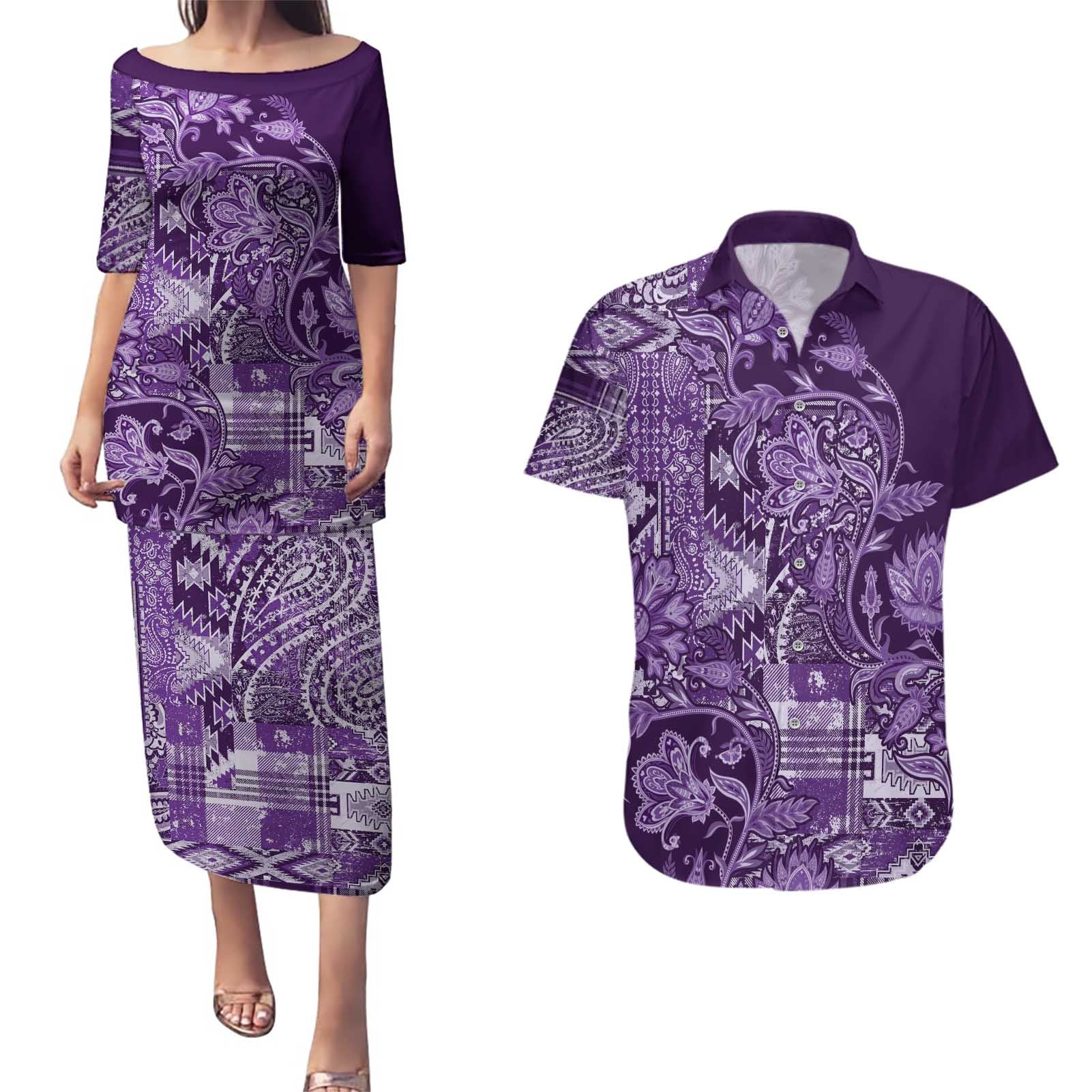 Africa Floral mix Maasai Shuka Couples Matching Puletasi and Hawaiian Shirt Purple Moitf LT9 - Wonder Print Shop