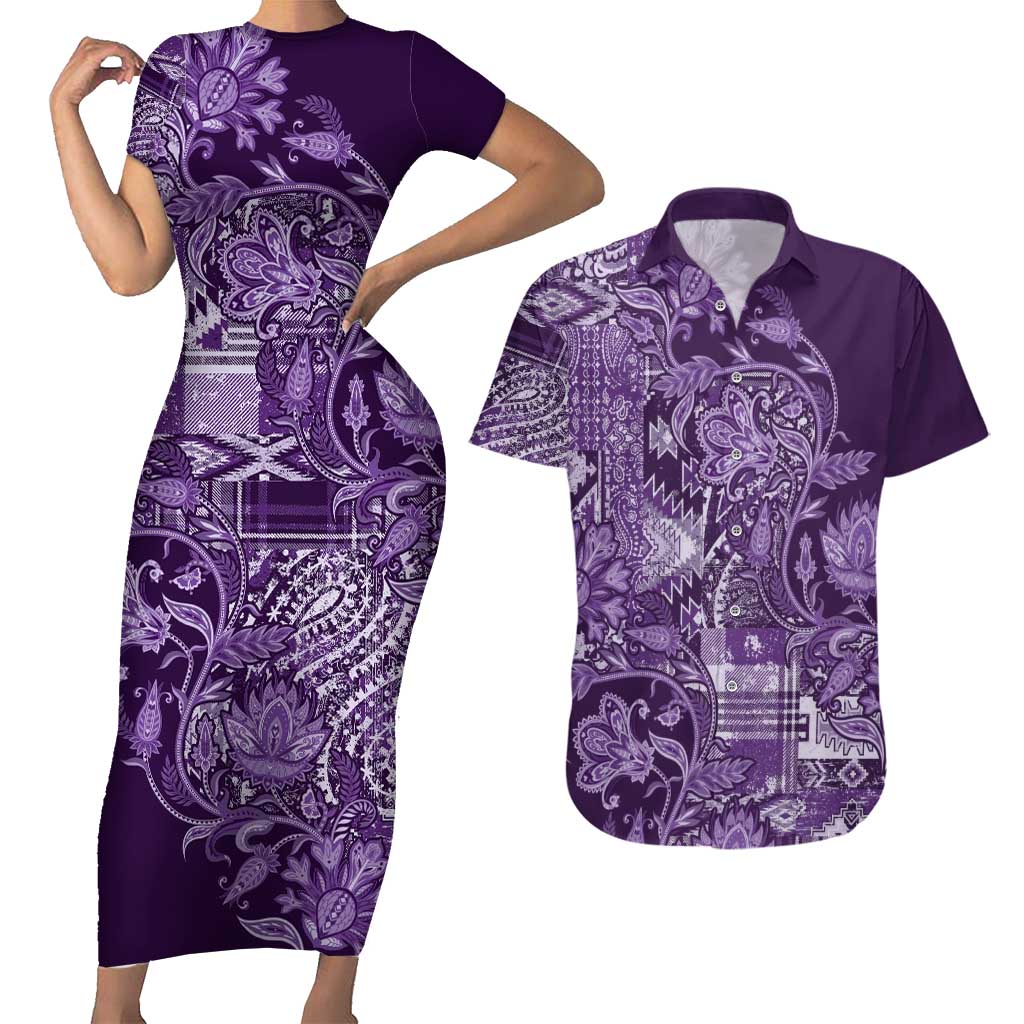 Africa Floral mix Maasai Shuka Couples Matching Short Sleeve Bodycon Dress and Hawaiian Shirt Purple Moitf LT9 - Wonder Print Shop